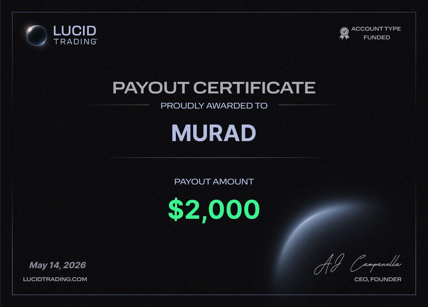 Lucid Trading Payout Certificate — Murad — $2,000 — May 14, 2026
